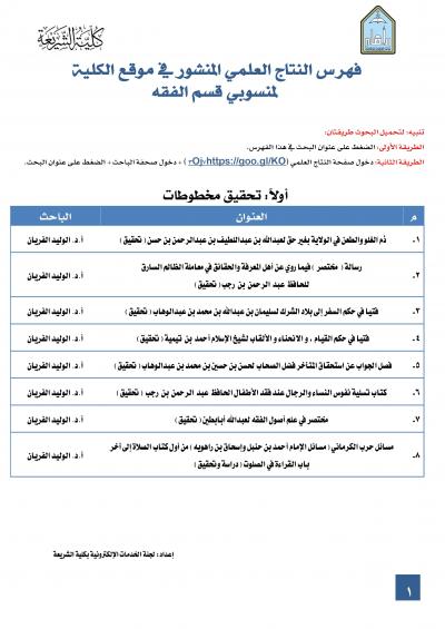 غلاف كتاب فهرس النتاج العلمي المنشور في موقع الكلية لمنسوبي قسم الفقه