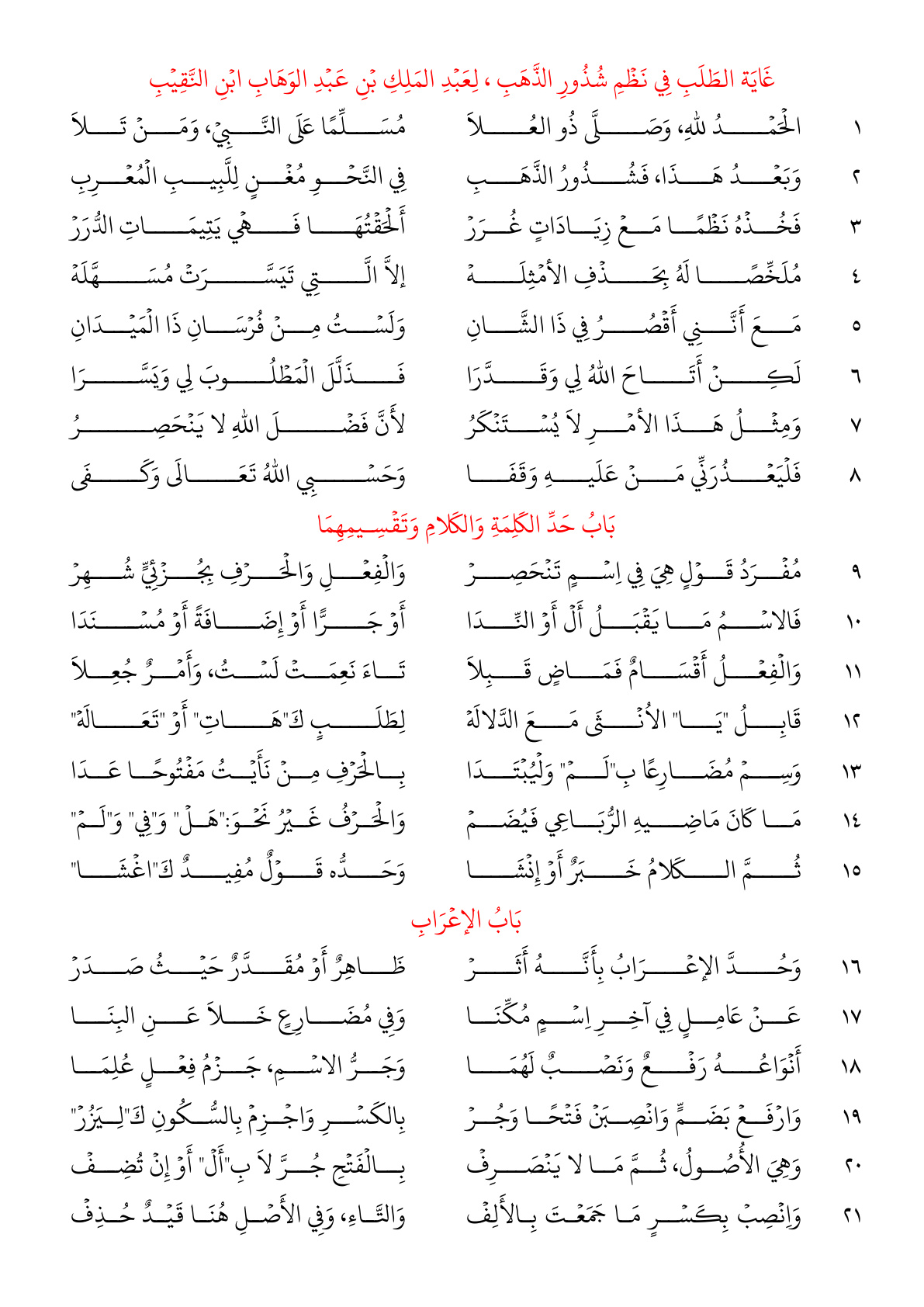 غلاف كتاب غاية الطلب في نظم شذور الذهب - عبد الملك ابن النقيب المقدادي